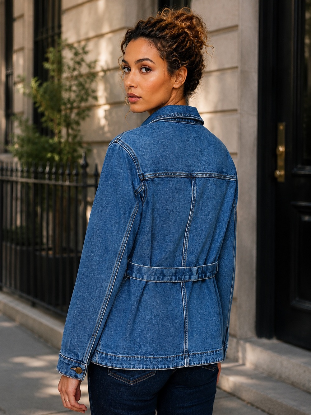Old Navy Blue Denim Jacket with Waist Tie, chest button-flap pockets. - Picture 4 of 4